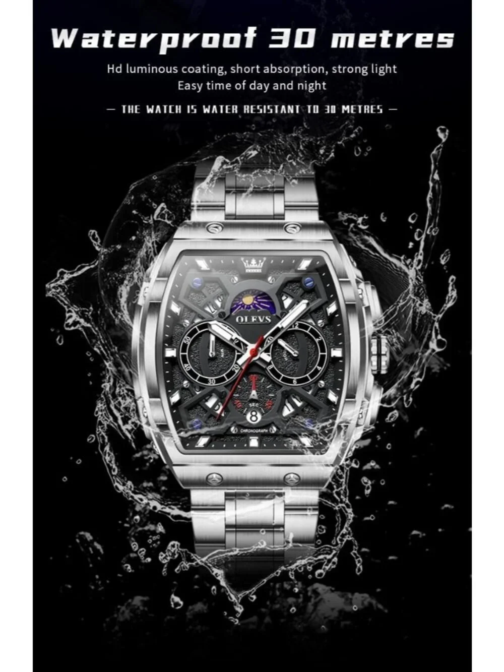 Men's Silver Black Chronograph Big Square Analog Stainless Steel Date Watch